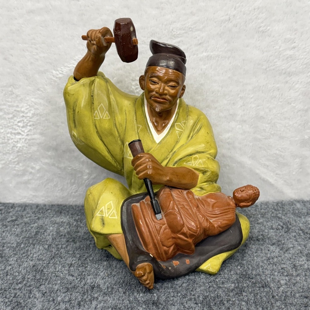 VTG Hakata Uraski Japan Chalkware Sculptor Figurine Carving Buddha Green Kimono